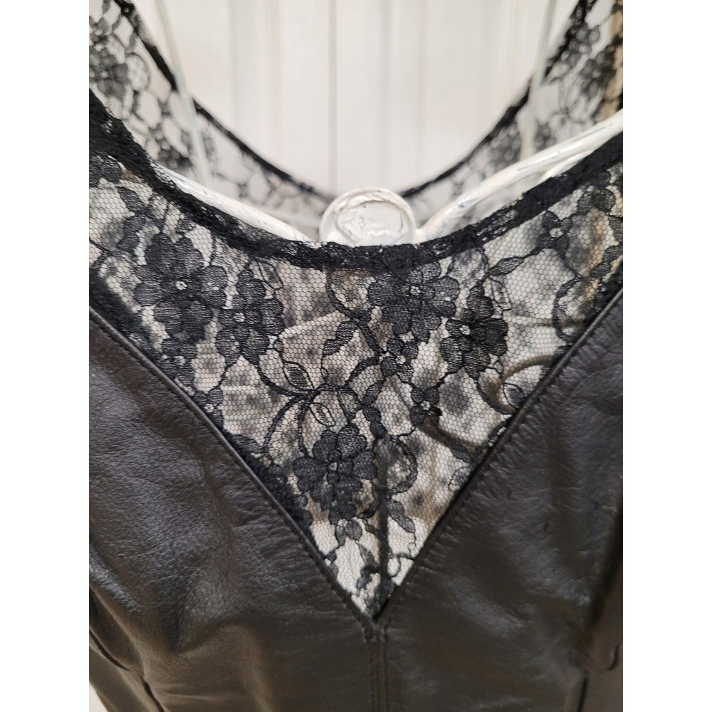 Vintage Black Leather & Lace Crop Top Side Zip Bohemian Chic Goth Style Size M - Picture 4 of 8